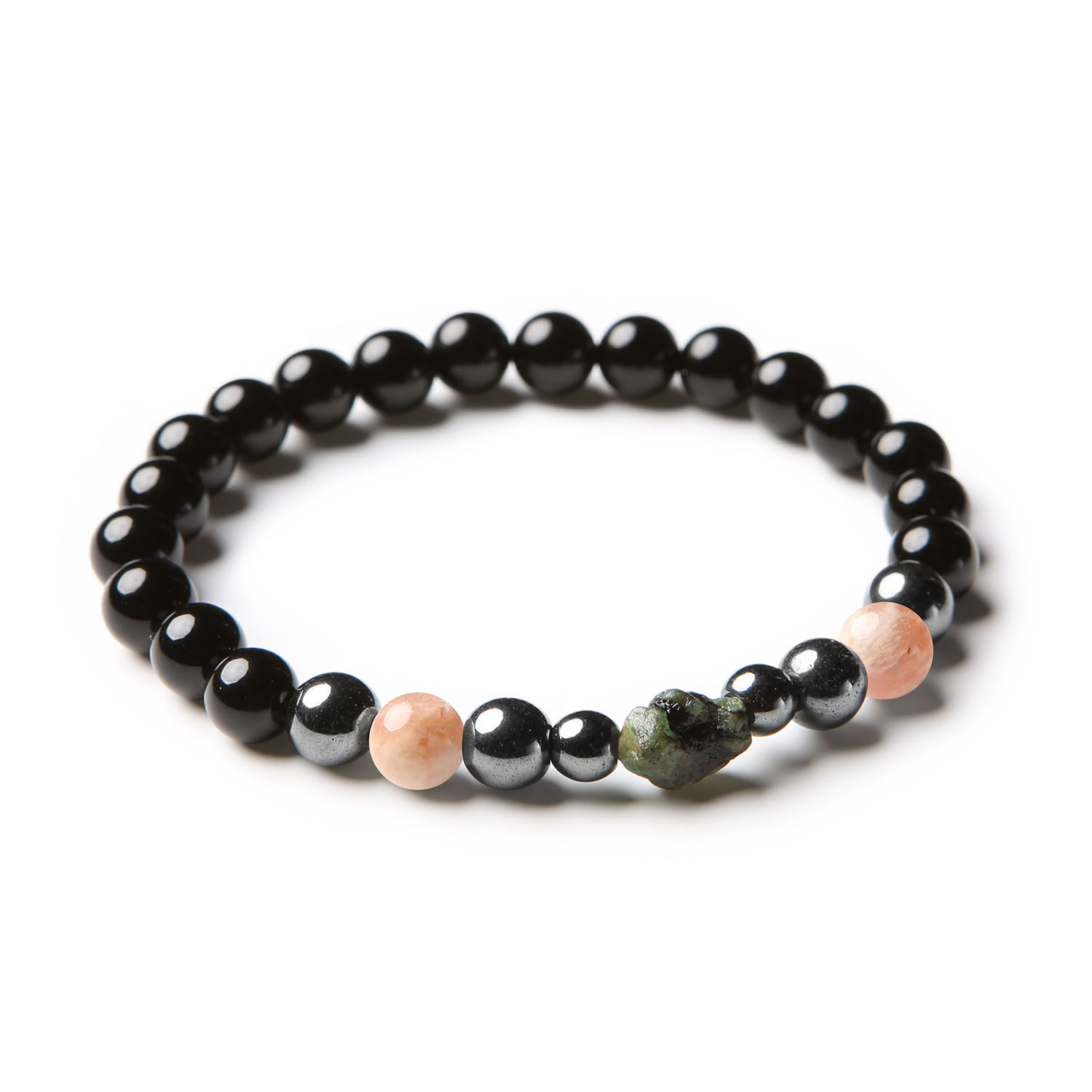 Damska i męska bransoletka Elai z ozdobnymi kamieniami: kamieniem słonecznym, szmaragdem, onyksem i hematytem grafitowym.