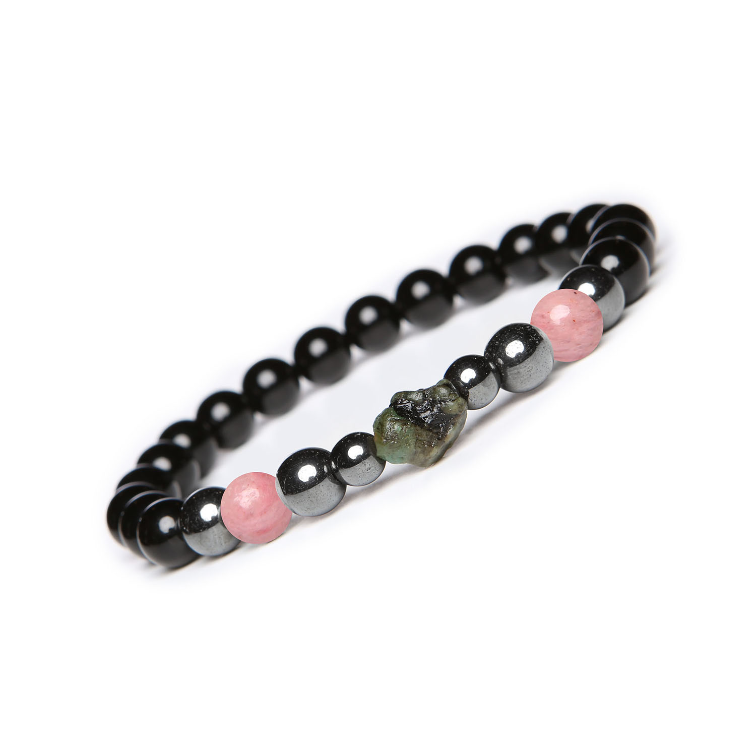 Elegancka bransoletka Elai Rodonit różowy, szmaragd, onyks i hematyt grafitowy - dla niej i dla niego Bransoletka z kolekcji Elai wykonana z różowego rodonitu, szmaragdu, onyksu i hematytów grafitowych, dostępna w wersji damskiej i męskiej.