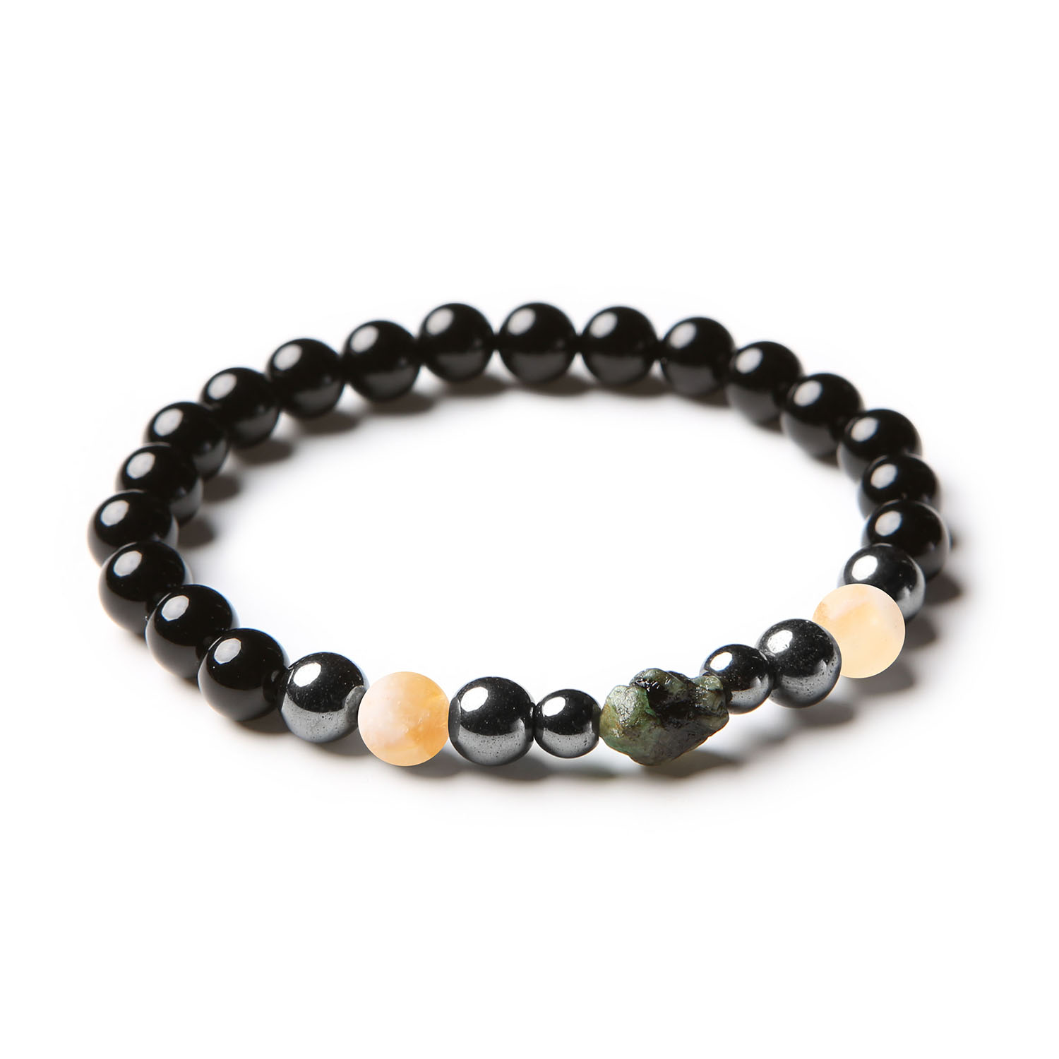 Elegancka bransoletka z kolekcji Elai, z kamieniami: cytrynem cieniowanym, szmaragdem, onyksem i hematytem grafitowym, przeznaczona dla dam i panów.