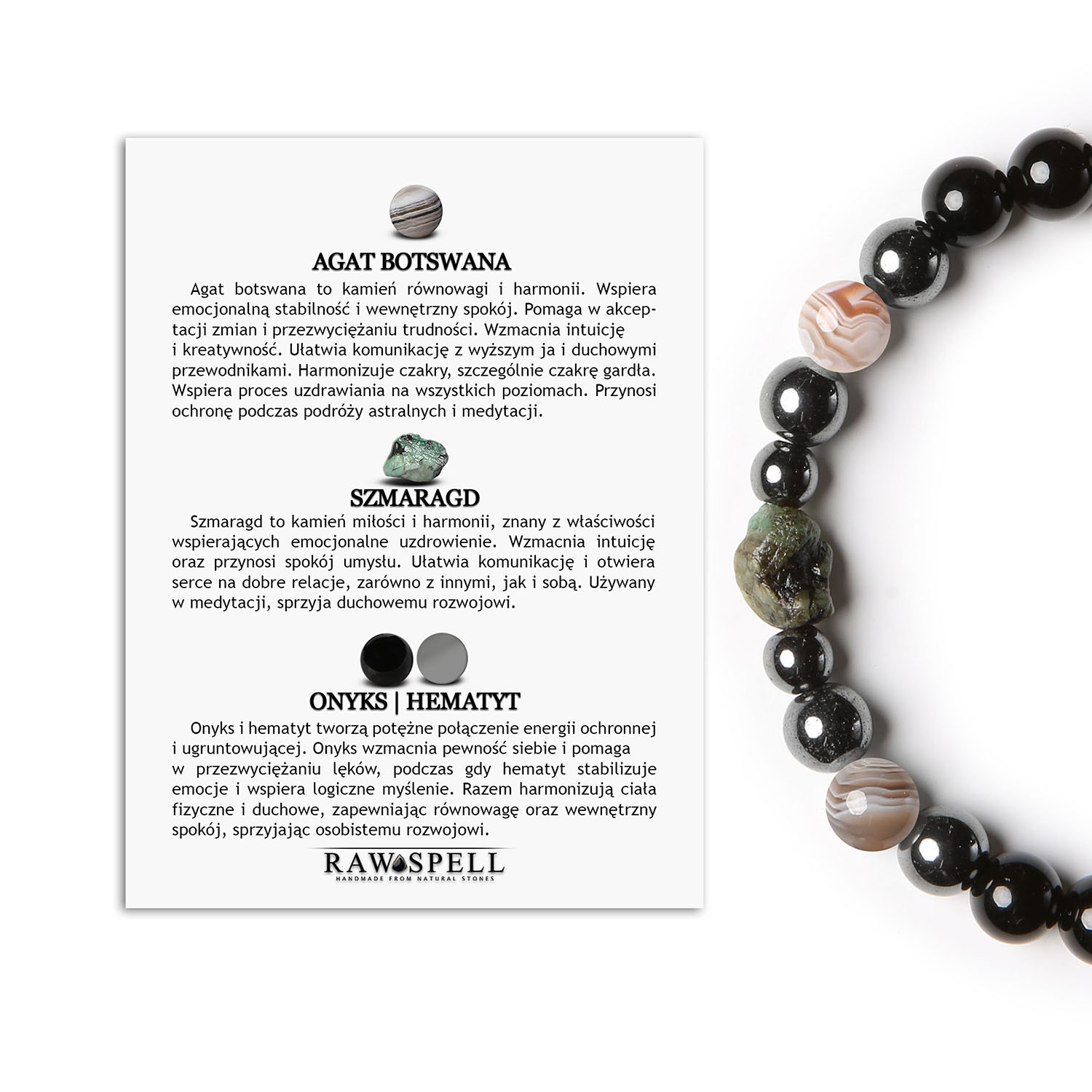 Elegancka bransoletka Elai z Agatem Botswana, szmaragdem, onyksami i hematytem. Styl dla kobiet i mężczyzn Bransoletka Elai z Agatem Botswana, Szmaragdem, Onyksami i Hematytami Grafitowymi – elegancka biżuteria unisex.