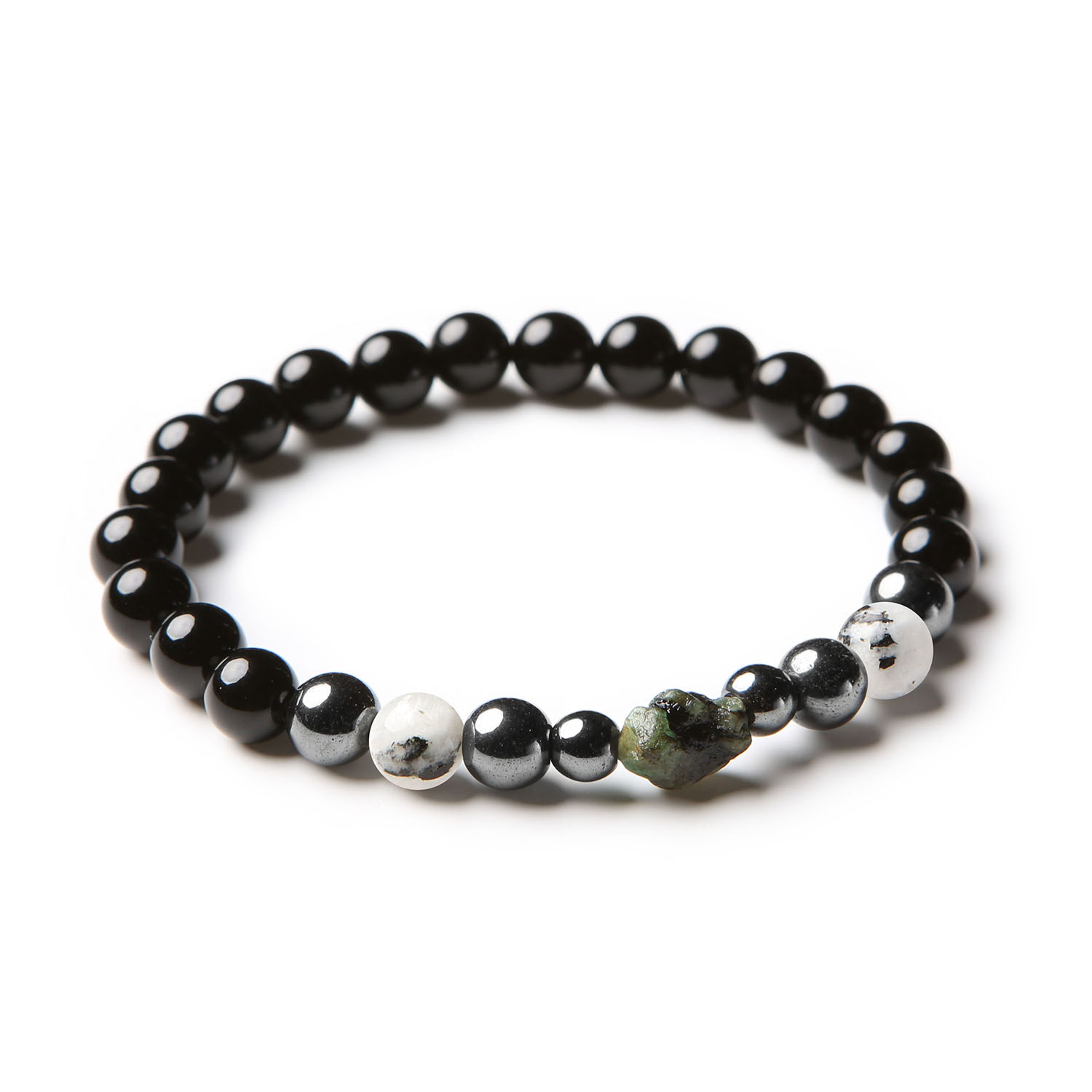 Bransoletka z kolekcji Elai z kamieniem księżycowym łaciatym, szmaragdem, onyksami i hematytem grafitowym, idealna dla kobiet i mężczyzn.