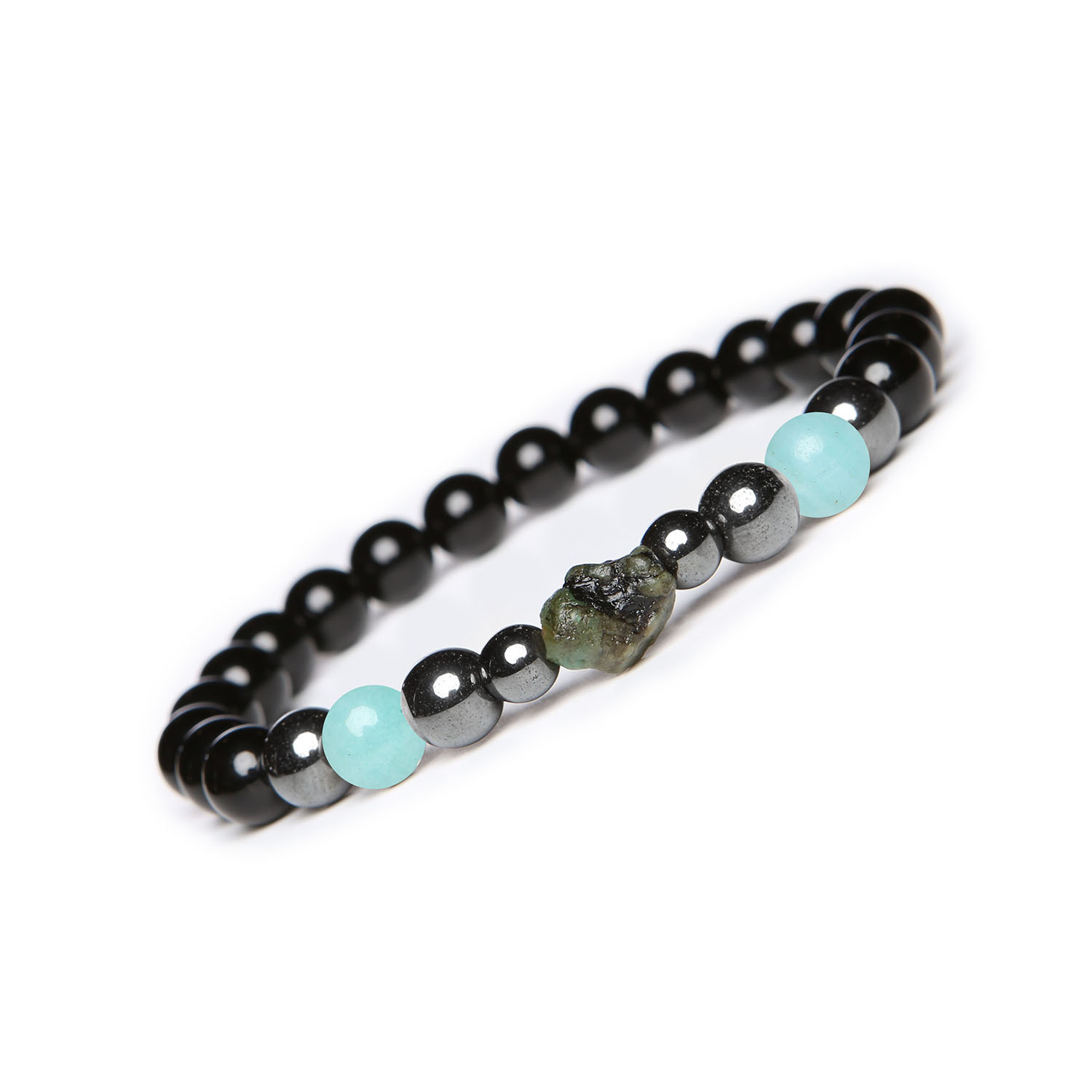 Elegancka bransoletka Elai z amazonitem, szmaragdem, onyks, hematytem – unisex w stylowym wydaniu Damska i męska bransoletka z kolekcji Elai, wzbogacona jasnym amazonitem, szmaragdem, onyksami oraz hematytem grafitowym.