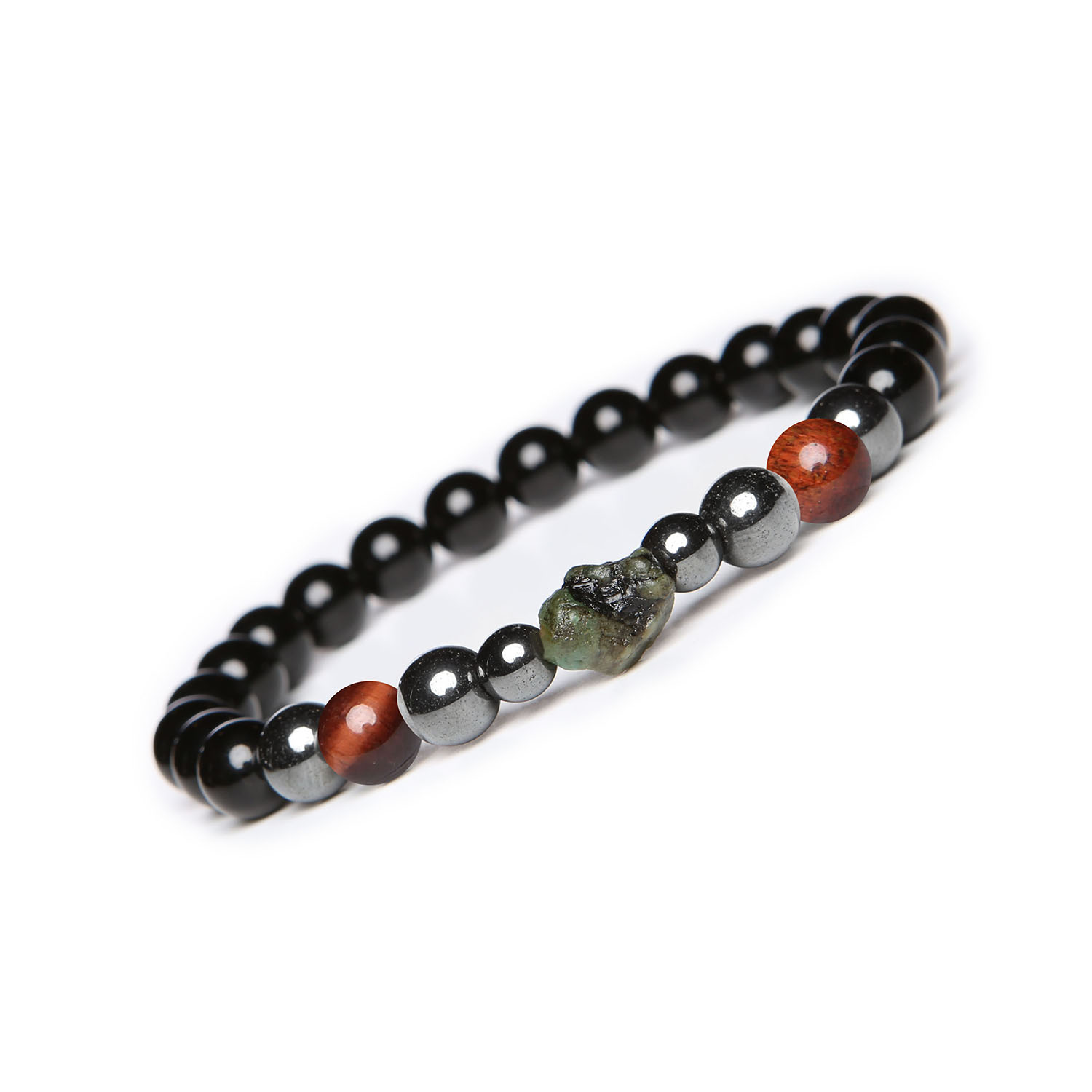 Elegancka bransoletka Elai z bawolim okiem, szmaragdem, onyksami i hematytem, dla każdego Stylowa bransoletka Elai dla kobiet i mężczyzn, ozdobiona Bawole Okiem, Szmaragdem i czarnym Onyksam.