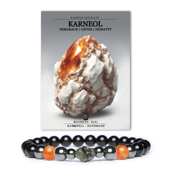 Elegancka bransoletka Elai z karneolu, szmaragdu, onyksu i hematytu - unikalny dodatek dla niej i dla niego.