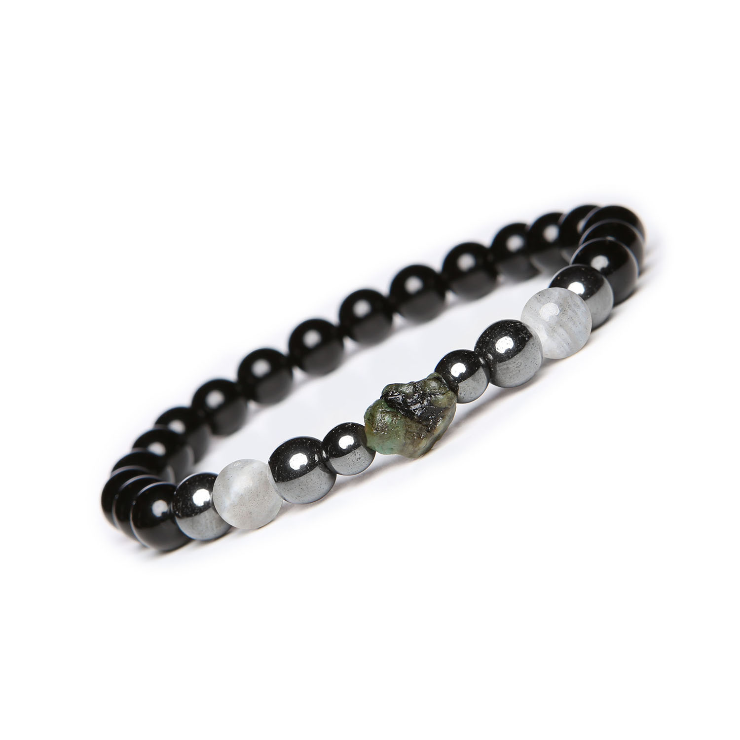 Elegancka bransoletka Elai z labradorytem, szmaragdem, onyksami i hematytem – unisex w świetnym stylu Bransoletka Elai dla par - połączenie labradorytu, szmaragdu, onyksu oraz hematytu grafitowego w eleganckim designie.