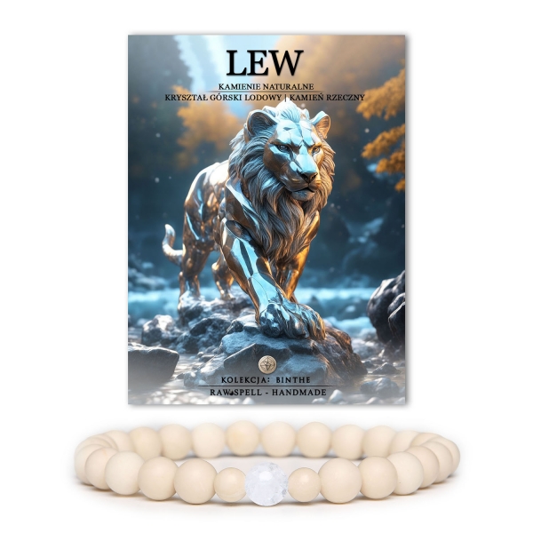Bransoletka z naturalnych kamieni inspirowana znakiem Zodiaku Lew, z kryształem górskim lodowym i kamieniem rzecznym, dostępna w wersjach damskich i męskich.