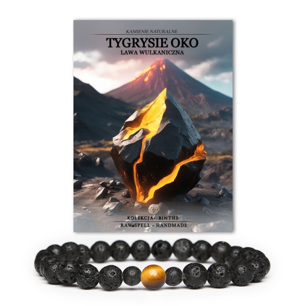 Stylowa bransoletka Binthe z tygrysim okiem i lawą wulkaniczną, pasująca zarówno do kobiet, jak i mężczyzn.