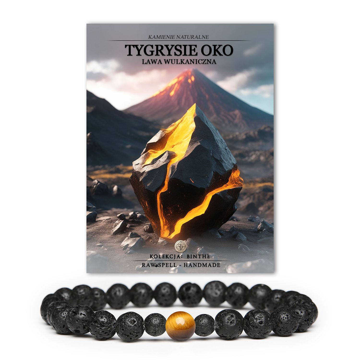 Stylowa bransoletka Binthe z tygrysim okiem i lawą wulkaniczną, pasująca zarówno do kobiet, jak i mężczyzn.