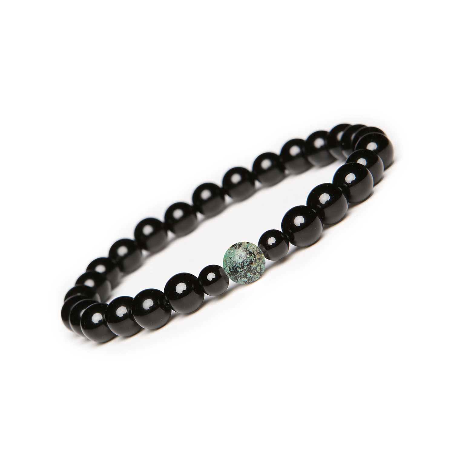 Elegancka bransoletka z kolekcji Binthe - połączenie turkusu afrykańskiego i onyksu, stworzona z myślą o kobietach i mężczyznach Stylowa bransoletka damska i męska z kolekcji Binthe, stworzona z turkusu afrykańskiego i onyksu.