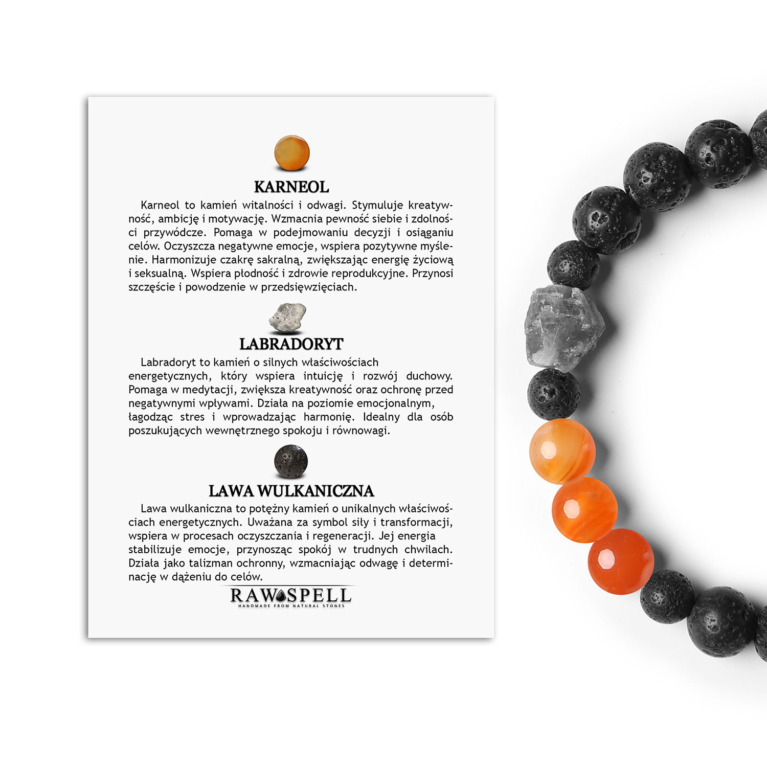 Elegancka bransoletka z kolekcji Derdr karneol, labradoryt i lawa wulkaniczna. Naturalne kamienie dla każdego Elegancka bransoletka z kolekcji Derdr, zawierająca karneol, labradoryt oraz lawę wulkaniczną, przeznaczona dla mężczyzn i kobiet."