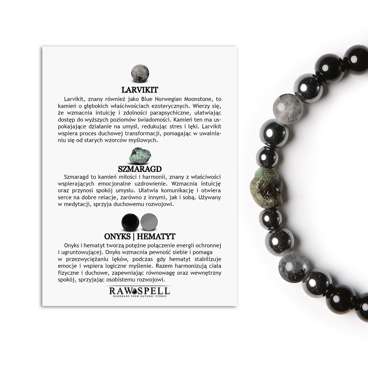 Elegancka bransoletka z kolekcji Elai - Larvikit, Szmaragd, Onyks, Hematyt dla Niej i Niego Bransoletka Elai dla niej i dla niego, z naturalnych kamieni: larvikit, szmaragd, onyks i hematyt grafitowy.