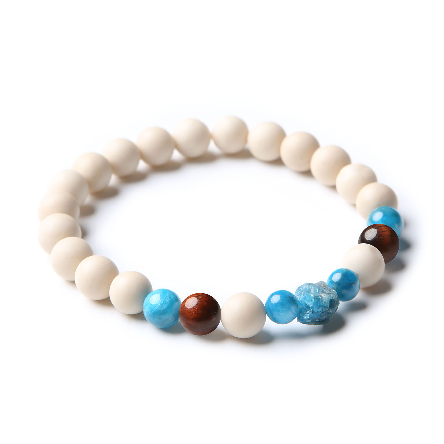 Damska i męska bransoletka z kolekcji Fair, ozdobiona bawolim okiem oraz apatytami, z naturalnymi kamieniami rzecznymi."