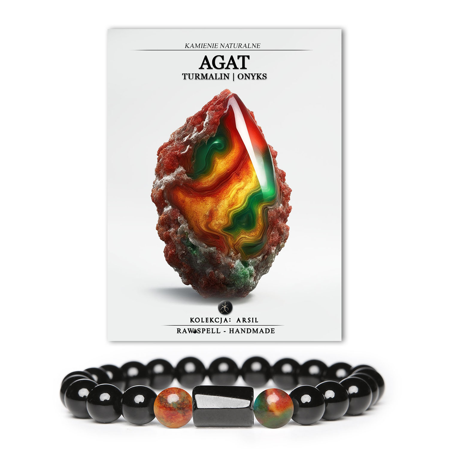 Bransoletka Arsil z naturalnych kamieni: agat, turmalin, onyks. Idealna dla Mężczyzn i Kobiet. Wyraź swój styl.