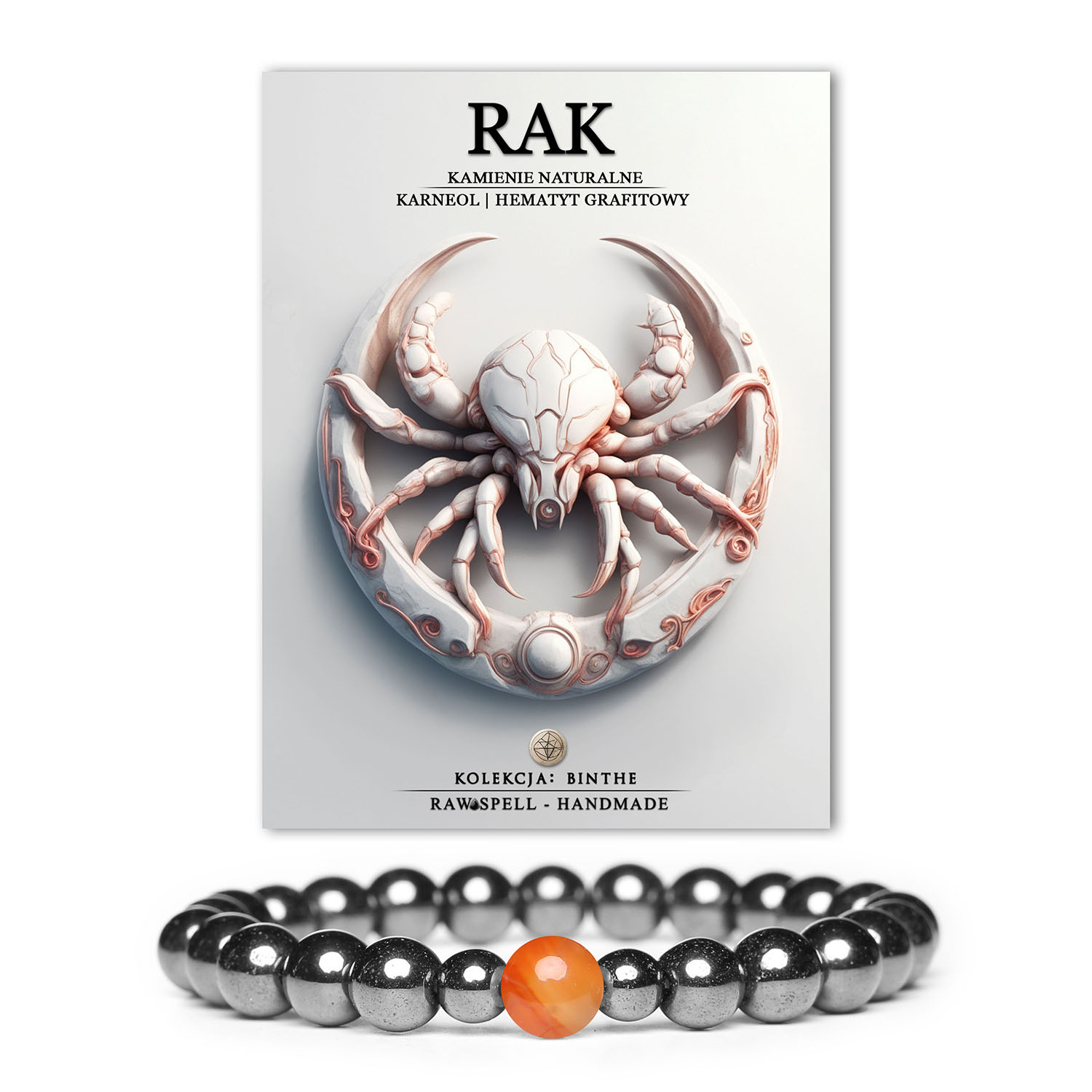 Stylowa bransoletka z kolekcji Binthe, dedykowana znakom Rak, z kamieniami karneolu i hematytu grafitowego dla kobiet i mężczyzn.