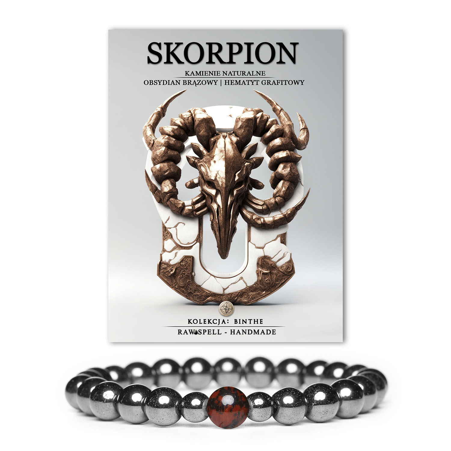 Bransoletka Binthe dla kobiet i mężczyzn z brązowego obsydianu i hematytu grafitowego w kształcie skorpiona.