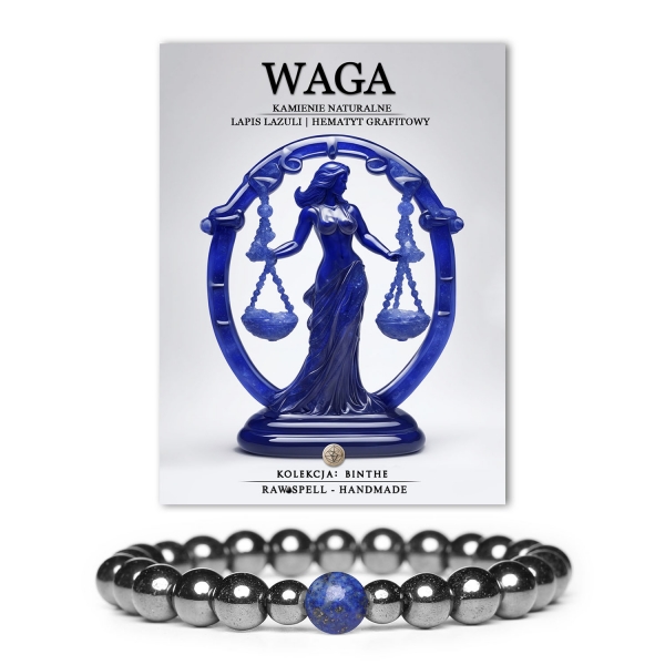 Bransoletka Binthe z kamieniami naturalnymi - lapis lazuli i hematyt grafitowy, odpowiednia zarówno dla kobiet, jak i mężczyzn.