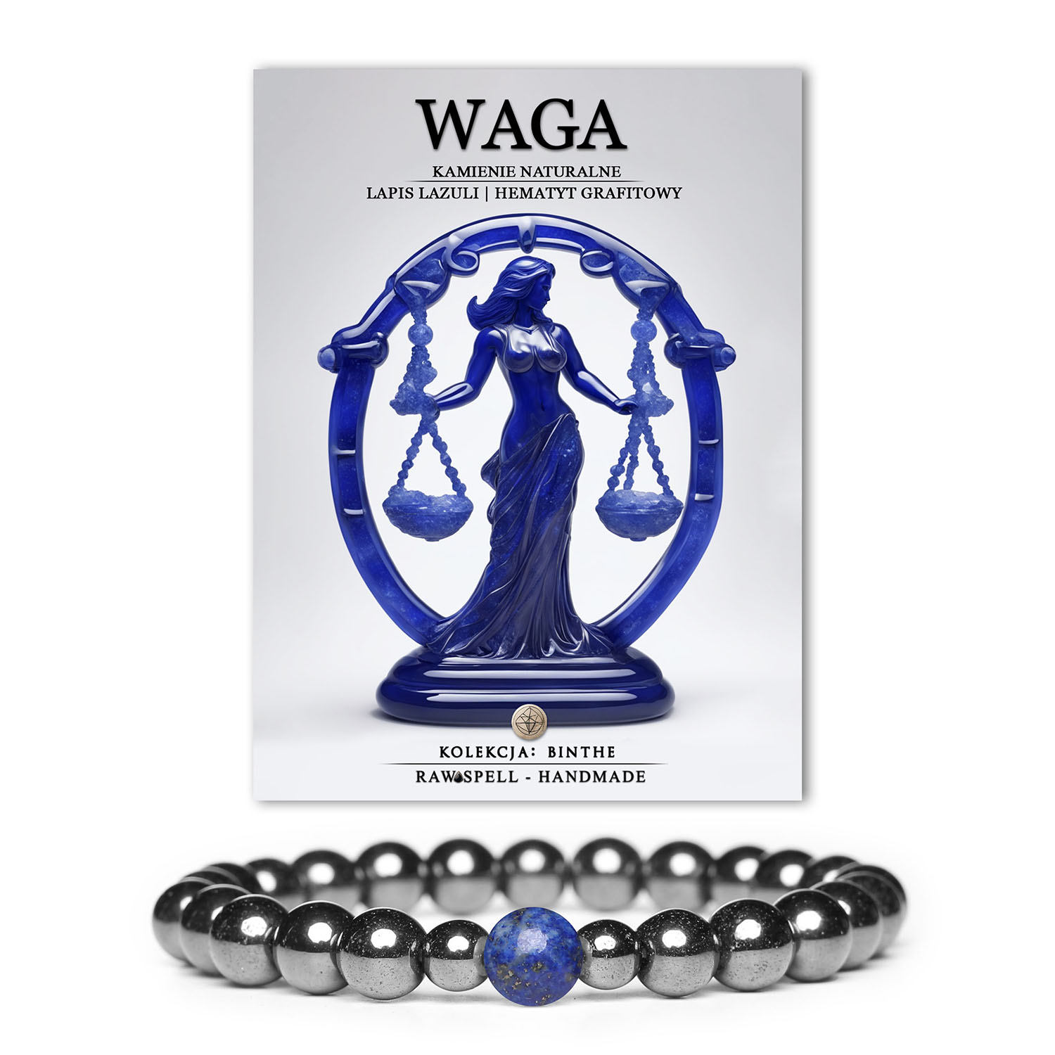 Bransoletka Binthe z kamieniami naturalnymi - lapis lazuli i hematyt grafitowy, odpowiednia zarówno dla kobiet, jak i mężczyzn.