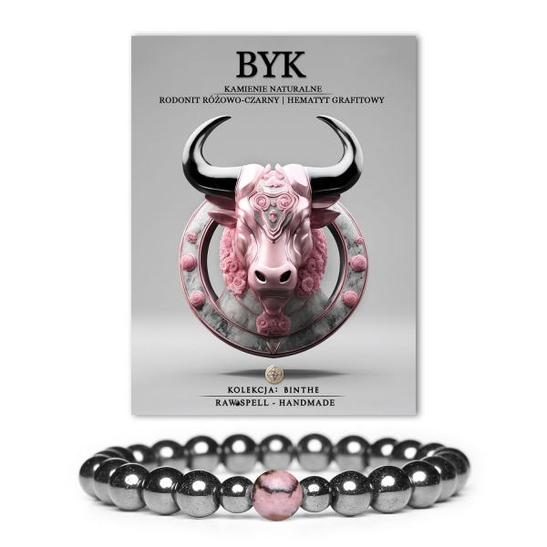 Bransoletka Binthe z bykiem, z rodonitu i hematytu, łącząca elegancję i siłę natury, przeznaczona zarówno dla kobiet, jak i mężczyzn.