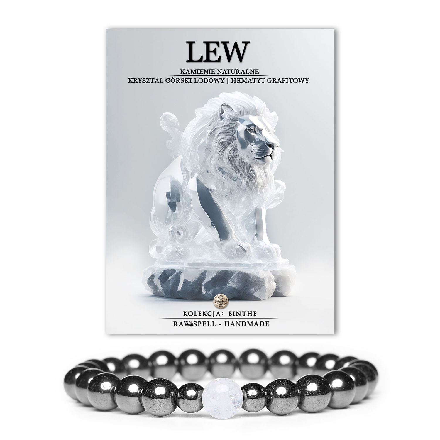 Bransoletka z kolekcji Binthe przedstawiająca eleganckie połączenie kryształu górskiego lodowego i hematytu grafitowego, dostępna w wersji damskiej i męskiej.