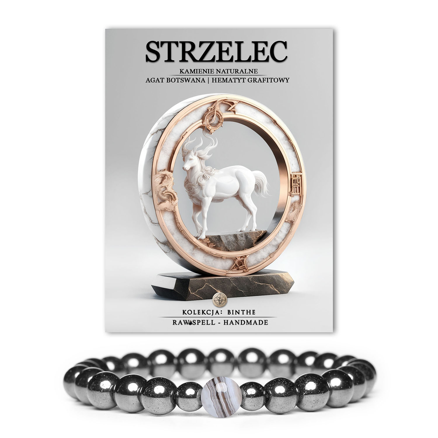 Bransoletka Strzelec z kolekcji Binthe, wykonana z naturalnych kamieni: agat botswana i hematyt grafitowy, dostępna w wersji damskiej i męskiej.