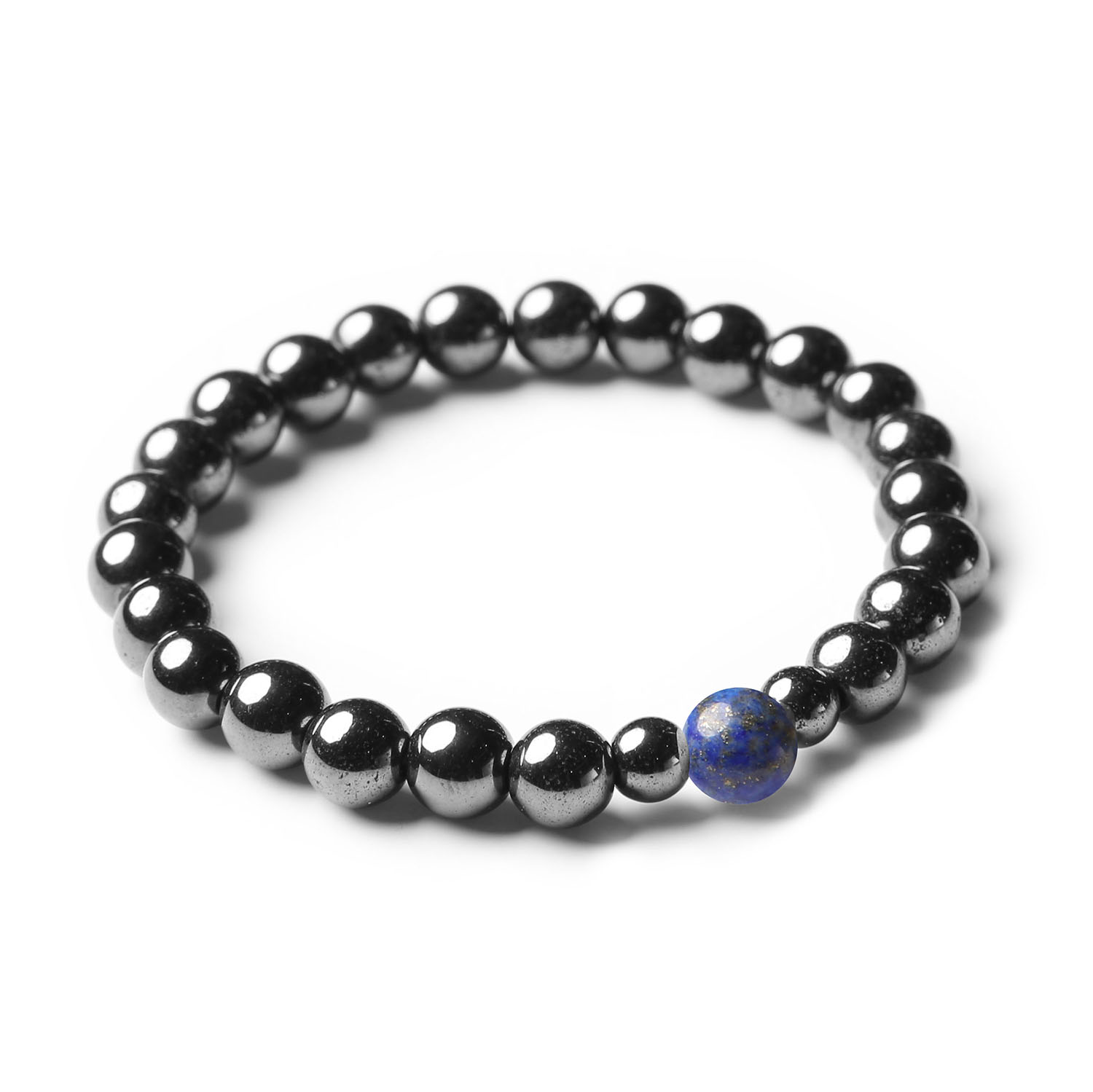 Bransoletka unisex z kolekcji Binthe, zawierająca lapis lazuli i hematyt, wykonana z wysokiej jakości kamieni naturalnych w grafitowym wykończeniu.