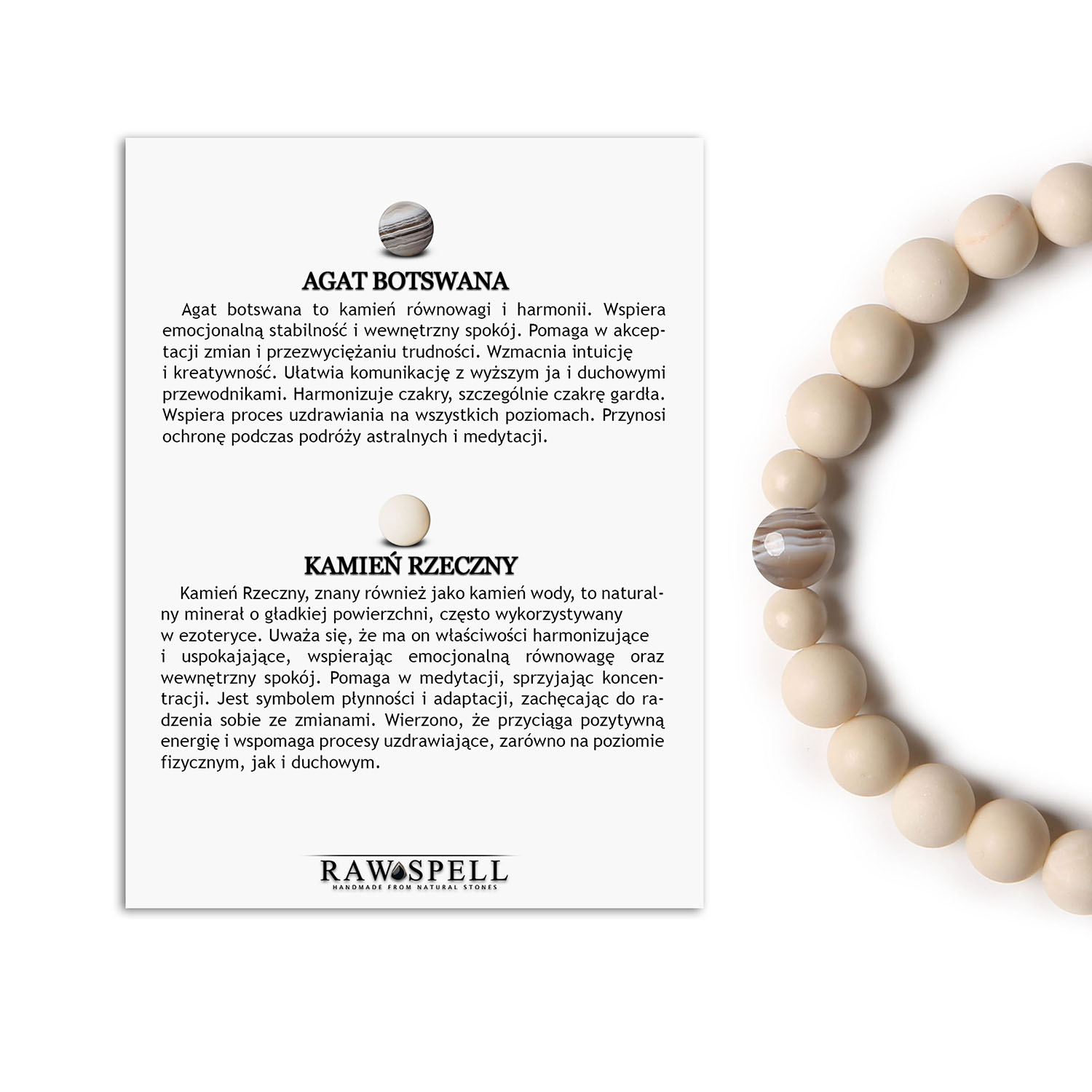 Kolekcja Binthe - Bransoletka z agatem z Botswany, zdobiona w stylu klasycznym, dostępna dla kobiet i mężczyzn Męska i damska bransoletka z kolekcji Binthe, ozdobiona agatami Botswana oraz kamieniami rzecznymi, wykonana z naturalnych materiałów.