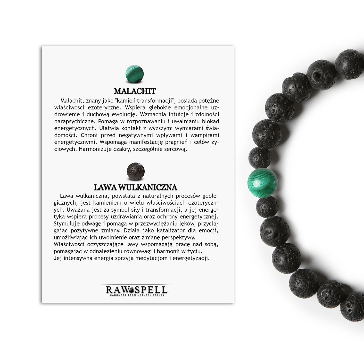 Kolekcja Binthe Damska i Męska bransoletka z Malachitu oraz Lawy Wulkanicznej Elegancka bransoletka Binthe z naturalnym malachitem i lawą wulkaniczną, unisex – idealna dla kobiet i mężczyzn.