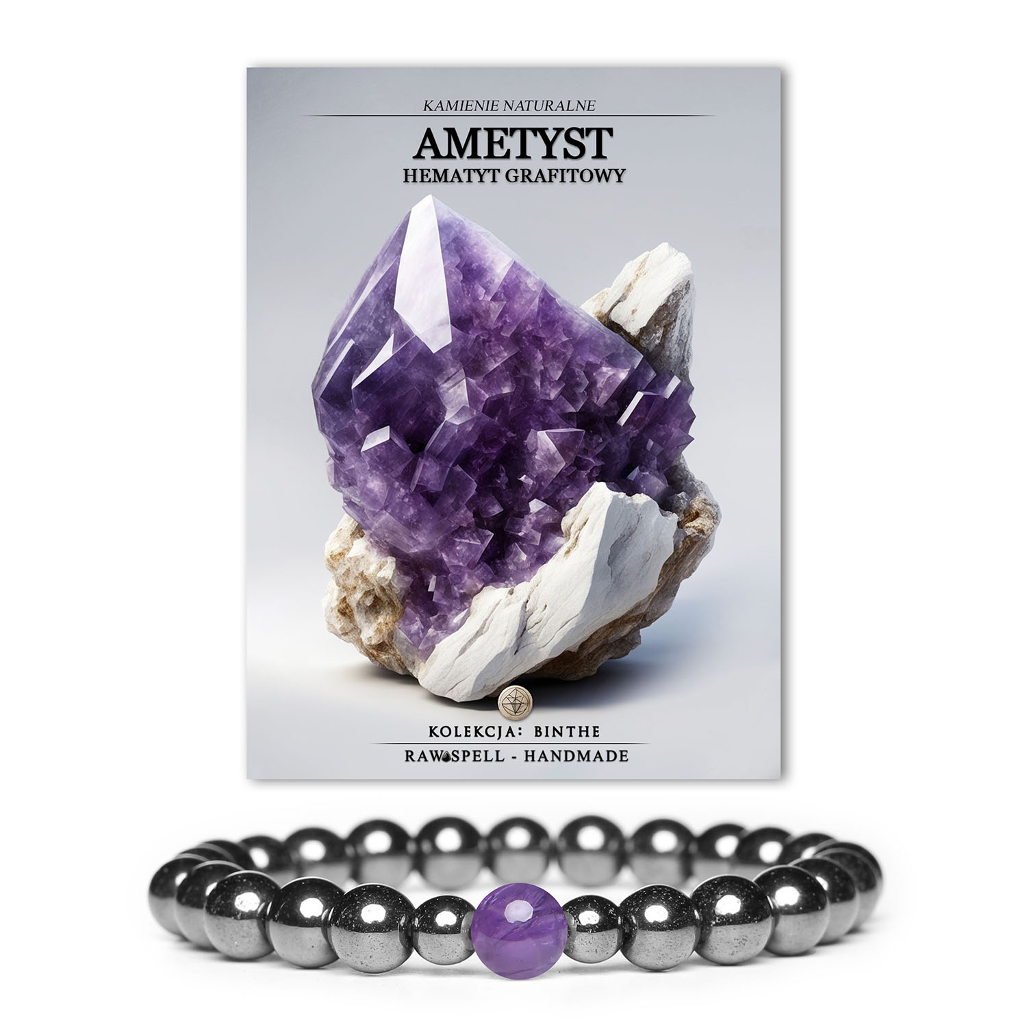 Kolekcjonerska bransoletka Binthe z ametystu i hematytu w grafitowym odcieniu, wykonana z najwyższej jakości kamieni naturalnych.