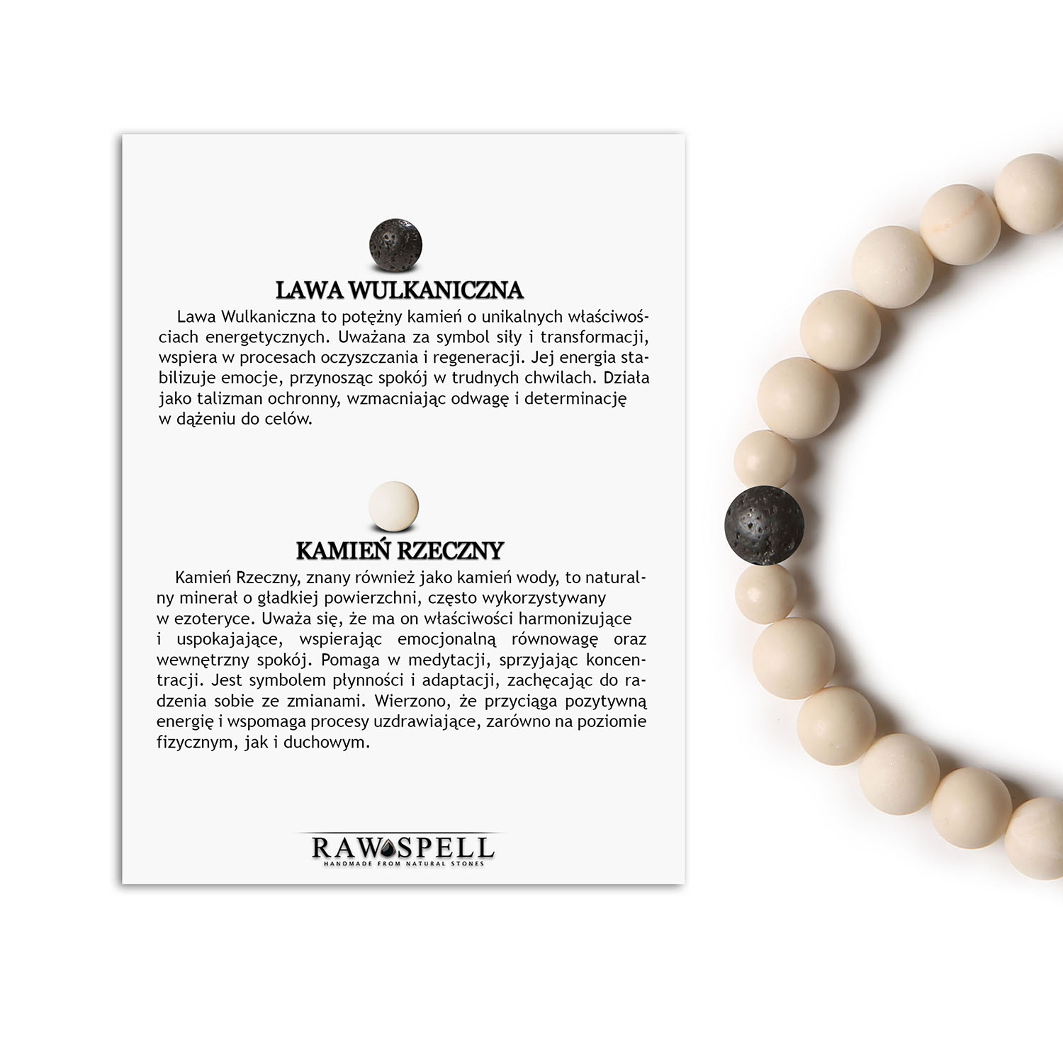 Kolekcja Binthe - bransoletka z lawy wulkanicznej i kamienia rzecznego Damska i męska bransoletka z kolekcji Binthe, wykonana z naturalnych kamieni: lawa wulkaniczna i kamień rzeczny.