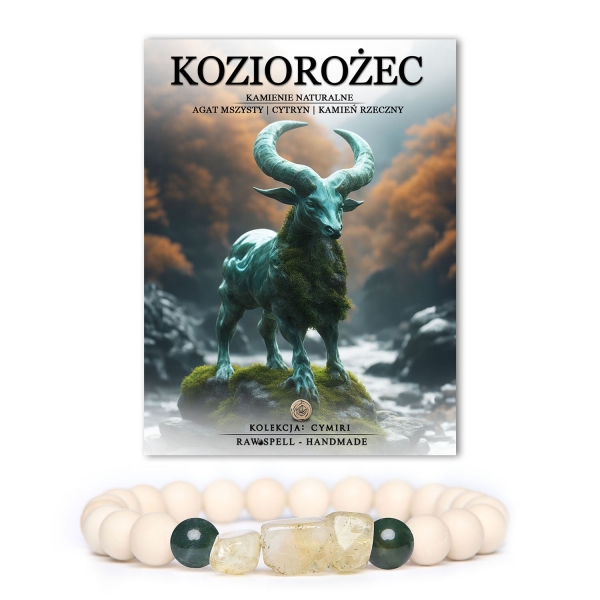 Bransoletka z kolekcji Cymiri, stworzona specjalnie dla Koziorożców. Wykonana z naturalnych kamieni – agat mszysty, cytryn oraz kamień rzeczny, tworzy harmonijną całość, która podkreśla energię tego znaku zodiaku. Idealny dodatek do stylizacji, który wprowadza spokój i równowagę.