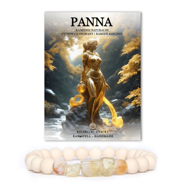 Bransoletka z kolekcji Cymiri dedykowana Wazom Panny, składająca się z wyselekcjonowanych kamieni naturalnych, w tym cytrynu cieniowanego oraz błyszczącego kamienia rzecznego. Jej wyjątkowy design podkreśla elegancję i dbałość o detale, oferując jednocześnie moc kryształów dla wzmocnienia intuicji i analityczności.