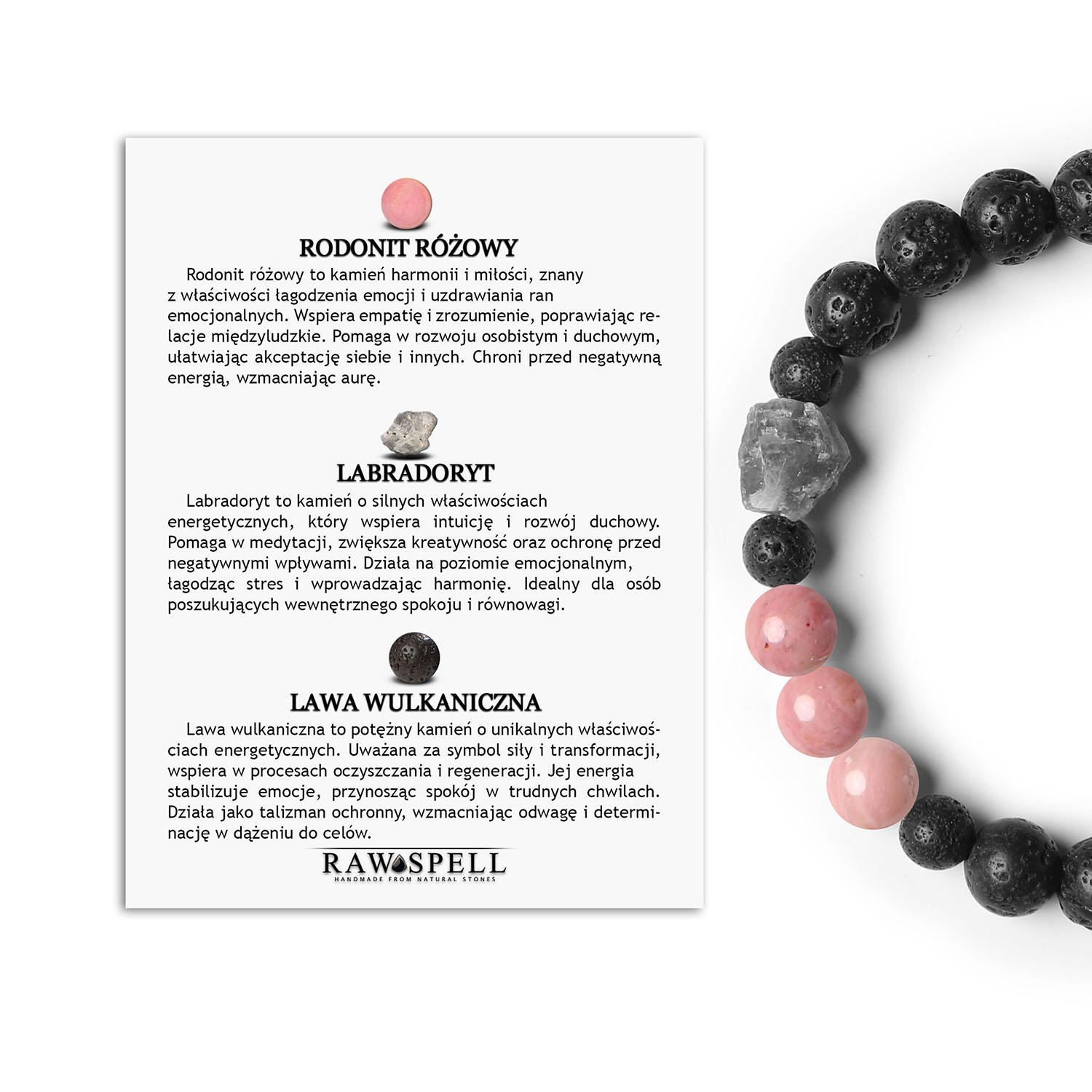 Kolekcja Derdr Bransoletka z Rodonitem, Labradorytem i Lawą Wulkaniczną. Idealna dla każdej osoby ceniącej naturalne piękno Elegancka bransoletka Derdr z rodonitem różowym, labradorytem i lawą wulkaniczną, stworzona z naturalnych kamieni, doskonała zarówno dla Pań, jak i Panów.