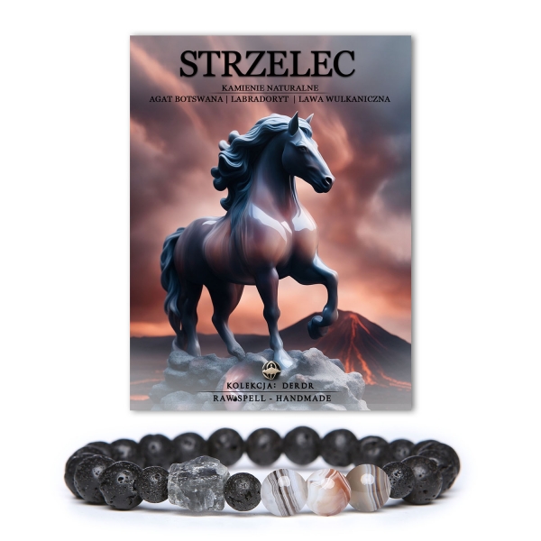 Intensywnie kolorowa bransoletka Strzelca z kamieniami naturalnymi: agat botswański, labradoryt oraz lawa wulkaniczna. Kolekcja Derdr.