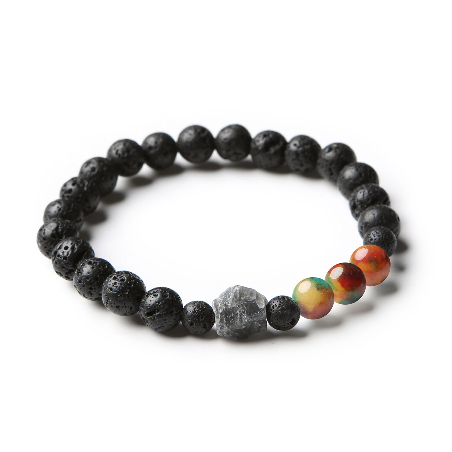 Bransoletka Derdr z kolorowymi agatem w odcieniach czerwieni, żółtego i zielonego, ozdobiona labradorytem i lawą wulkaniczną - idealna dla kobiet i mężczyzn.