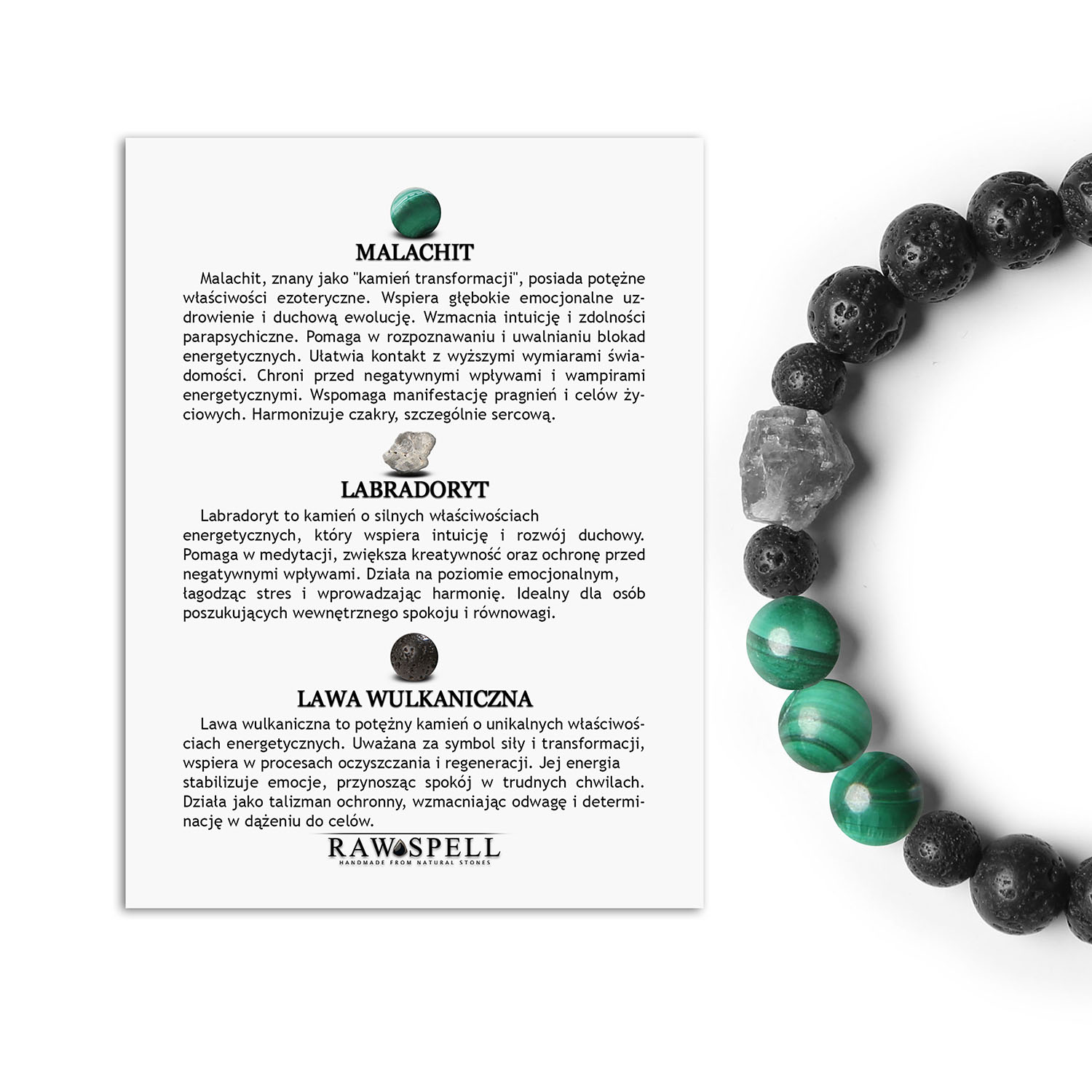 Kolekcja Derdr bransoletka z larvikitu, labradorytu oraz lawy wulkanicznej. Naturalne kamienie dla kobiet i mężczyzn Stylowa bransoletka Derdr z malachitem, labradorytem i lawą wulkaniczną, pasująca zarówno dla pań, jak i panów.