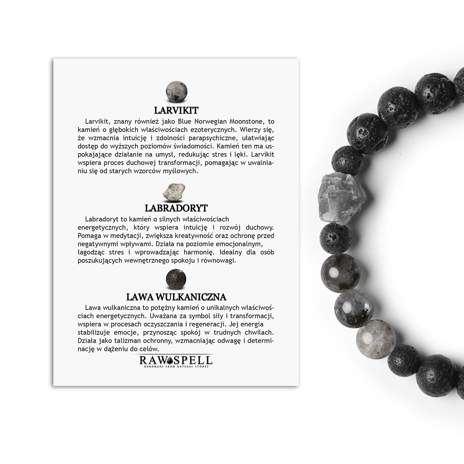 Kolekcja Derdr bransoletka z larvikitu, labradorytu oraz lawy wulkanicznej. Naturalne kamienie dla kobiet i mężczyzn Stylowa bransoletka z kolekcji Derdr, wykonana z kamieni larvikit, labradoryt i lawa wulkaniczna, idealna dla obu płci.