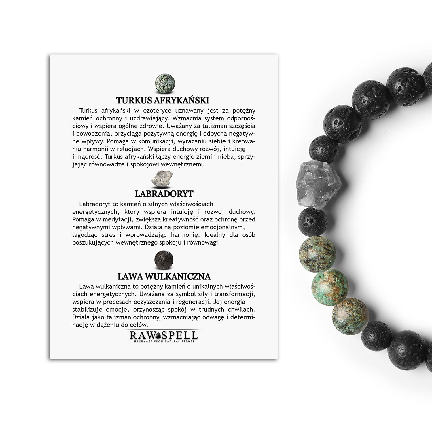 Kolekcja Derdr bransoletka z turkusowym afrykańskim, labradorytem ilawą wulkaniczną. Naturalne kamienie dla każdego Stylowa bransoletka z turkusu afrykańskiego, labradorytu i lawy wulkanicznej z kolekcji Derdr, uniseks, łącząca naturalne kamienie w modnym designie.