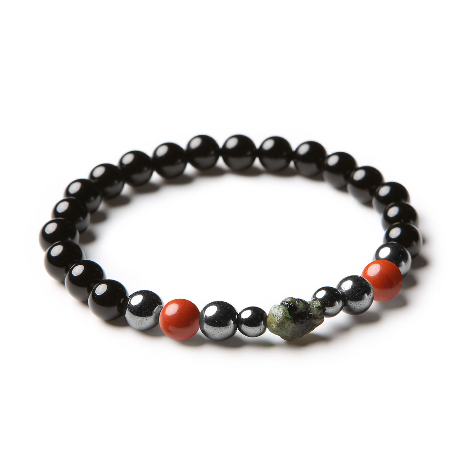 Elegancka bransoletka Elai w kamieniach: Jaspis Czerwony, Szmaragd, Onyks i Hematyt Grafitowy, dostosowana zarówno dla kobiet, jak i mężczyzn.