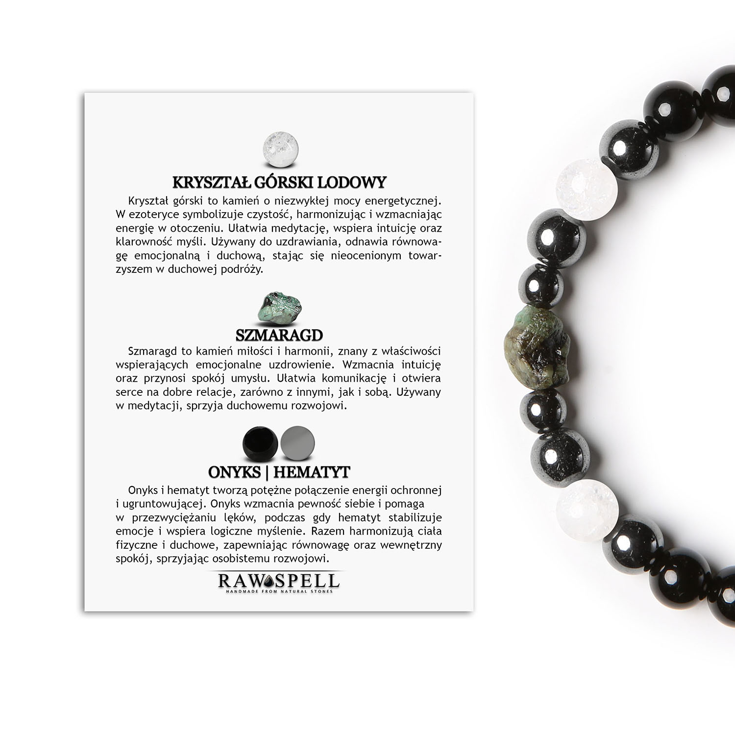 Kolekcja Elai Damska i Męska bransoletka z Kryształem, Szmaragdem i Onyksowymi akcentami Elegancka bransoletka z kolekcji Elai, zdobiona kryształem górskim lodowym, szmaragdem, onyksami i hematytem grafitowym, idealna dla kobiet i mężczyzn.