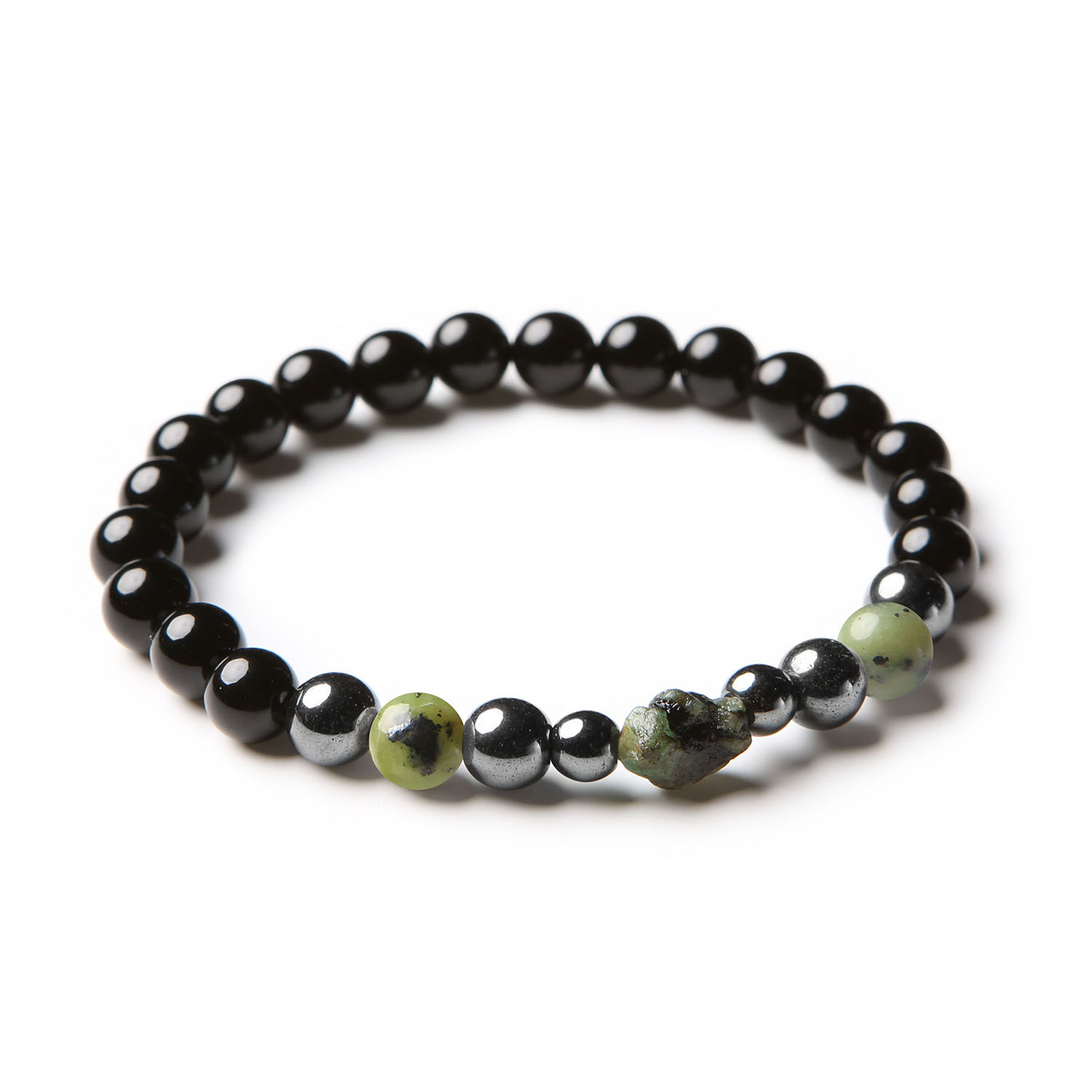 Elegancka bransoletka Elai w odcieniach zieleni i grafitu, wykorzystująca jadeit, szmaragd, onyks i hematyt, dostępna dla obu płci.