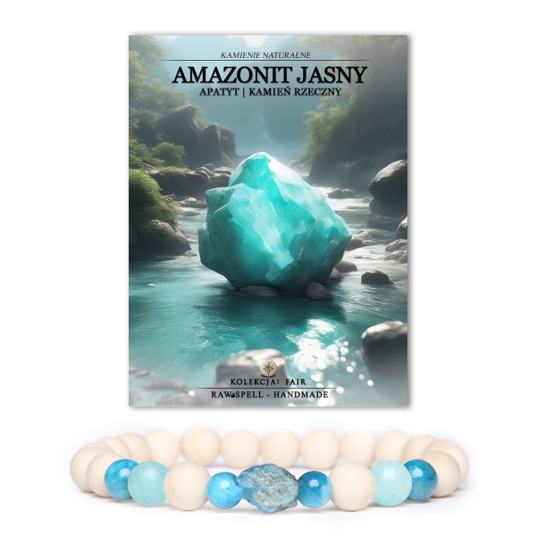 Elegancka bransoletka Fair, dostępna w wersji damskiej i męskiej, z jasnym amazonitem, apatytu oraz kamieniem rzecznym.
