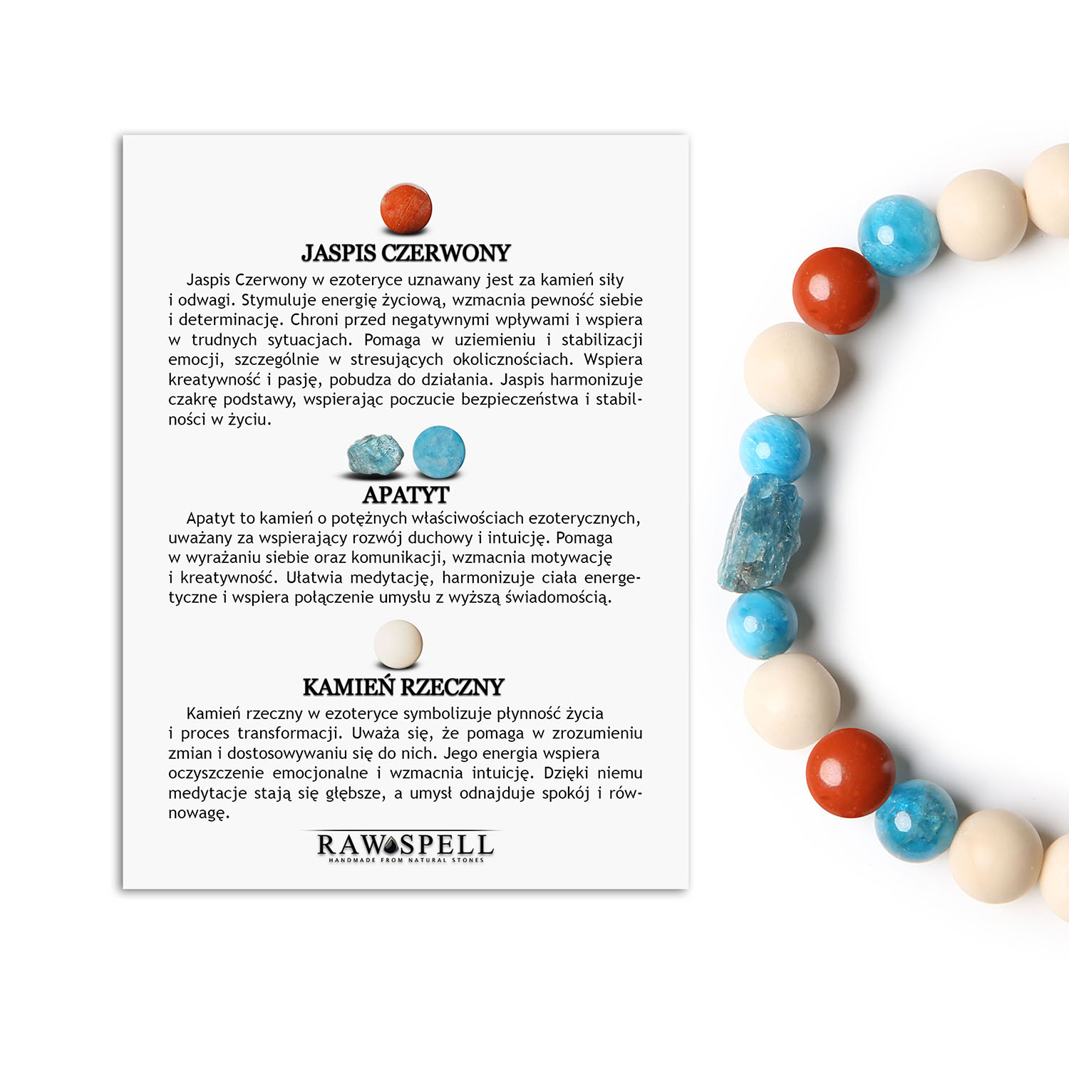 Kolekcja Fair Bransoletka z Jaspisem Czerwonym, Apatytem i Kamieniem Rzecznym dla niej i dla niego Bransoletka z kolekcji Fair, wykonana z czerwonego jaspisu, apatytem i kamieniem rzecznym, idealna dla kobiet i mężczyzn.