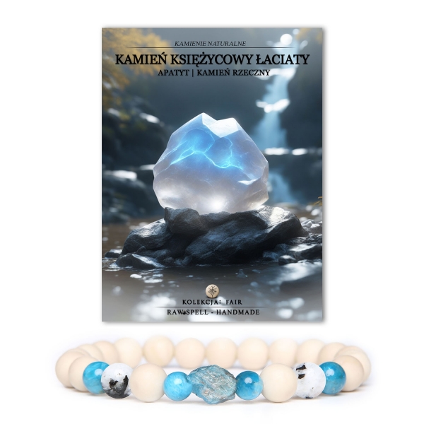 Bransoletka z kolekcji Fair, unikalne połączenie kamienia księżycowego łaciatego, apatytu i kamieni rzecznych, przeznaczona dla kobiet i mężczyzn.