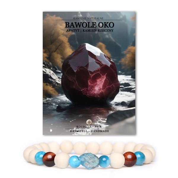 Bransoletka z kolekcji Fair z bawolim okiem i apatytami, kamieniami rzecznymi, idealna zarówno dla kobiet, jak i mężczyzn.