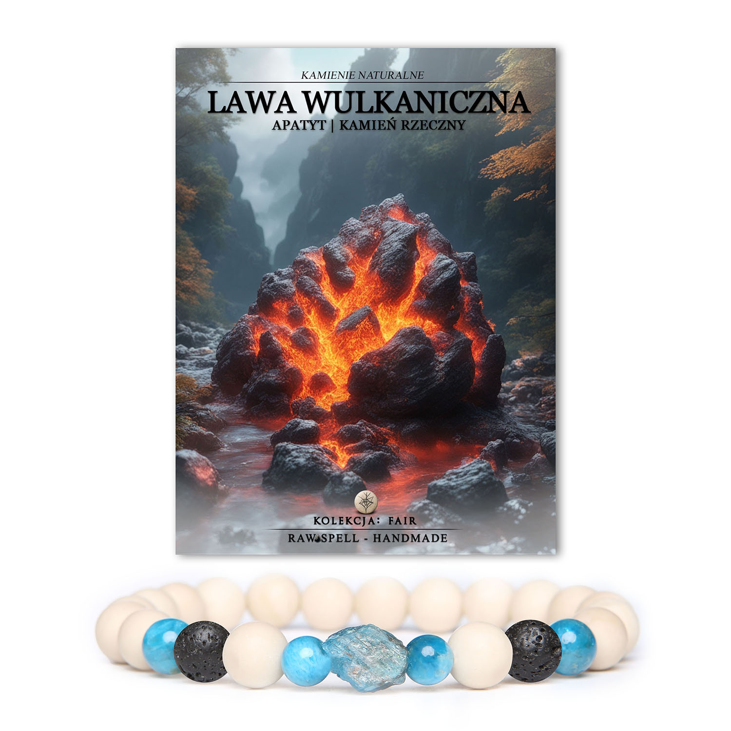 Stylowa bransoletka Fair zawierająca elementy lawy wulkanicznej, apatytu oraz kamienia rzecznego, idealna zarówno dla kobiet, jak i mężczyzn.
