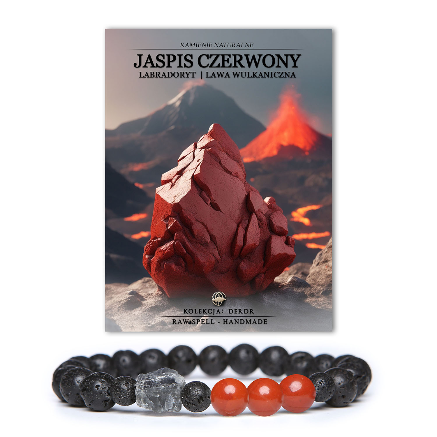 Unikalna bransoletka z naturalnych kamieni: czerwony jaspis, labradoryt oraz lawa wulkaniczna, z kolekcji Derdr, dla każdej osoby ceniącej styl.