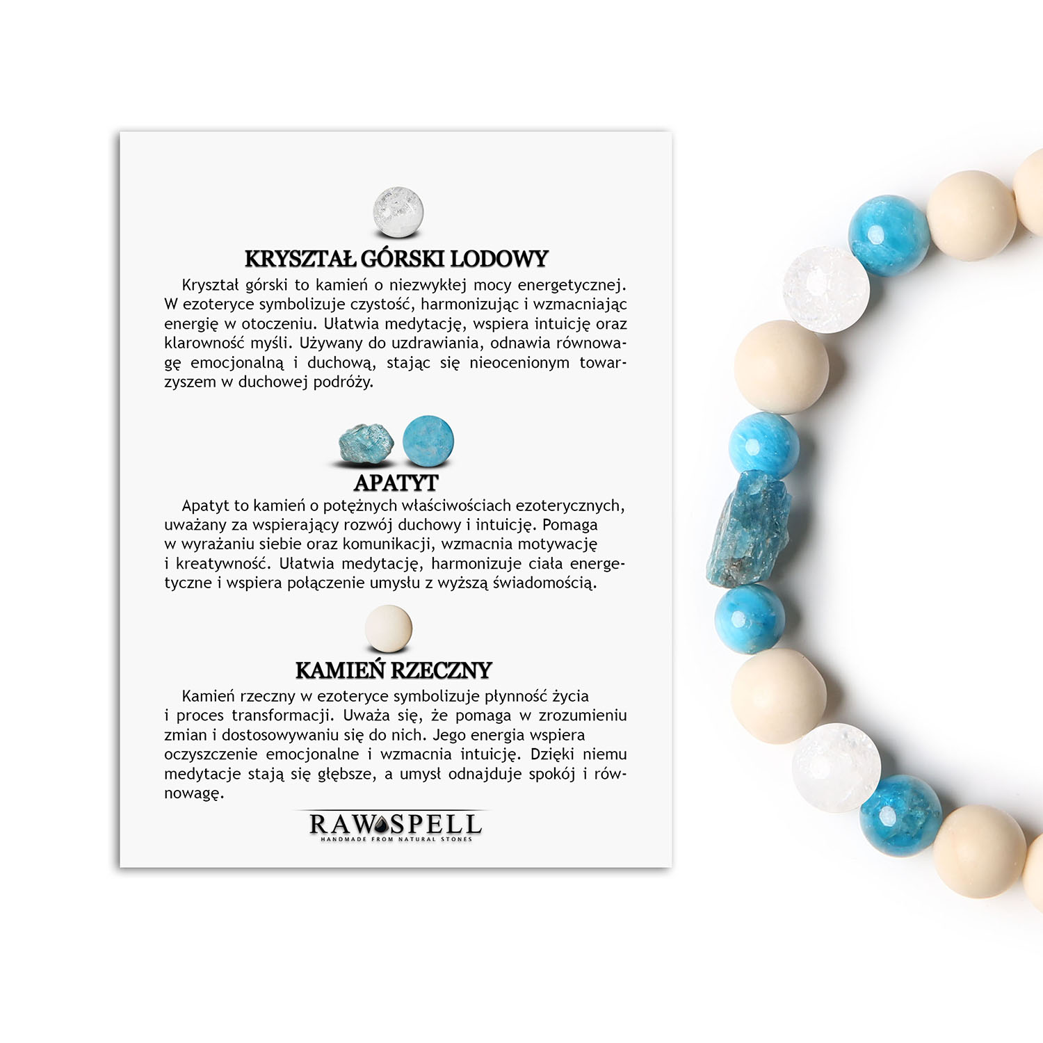 Kryształ Górski Lodowy, Apatyt, Kamień Rzeczny. Idealna dla Niej i dla Niego. Elegant Design Bransoletka z kolekcji Fair, złożona z kryształu górskiego lodowego, apatytu i kamienia rzecznego, doskonała dla obu płci.