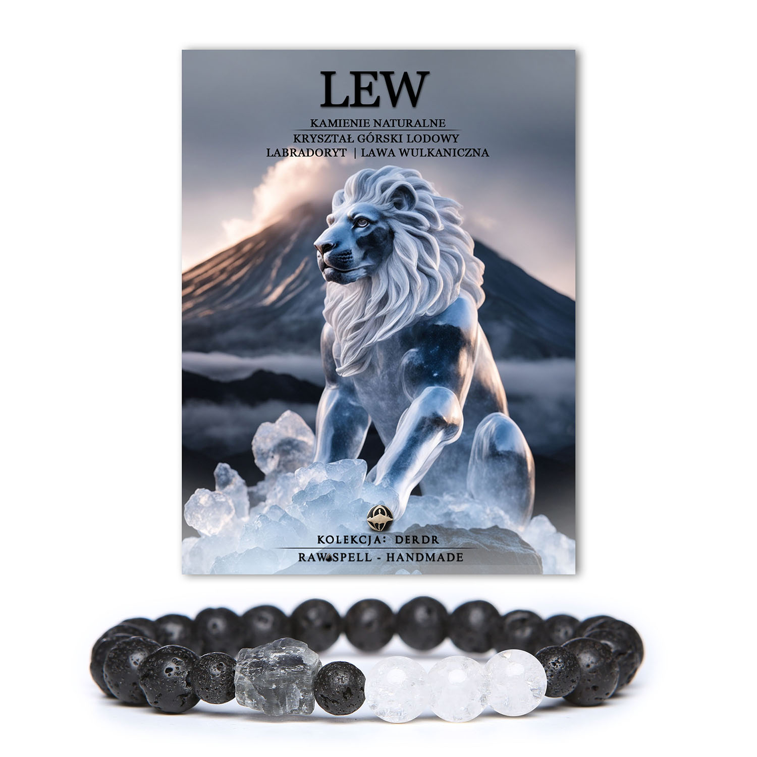 Bransoletka z naturalnych kamieni w kolorach kryształu górskiego, labradorytu i lawy wulkanicznej, inspirowana znakiem Lwa, z kolekcji Derdr.