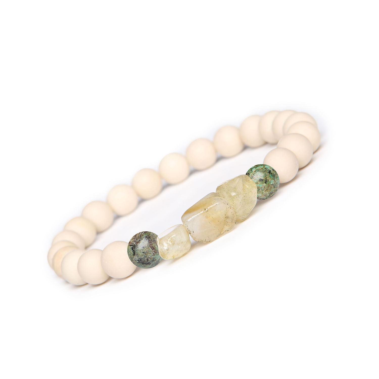 Naturalna bransoletka Cymiri z Turkusem Afrykańskim, Cytrynem i Kamieniem Rzecznym – styl dla każdej płci Stylowa bransoletka Cymiri wykonana z Turkuza Afrykańskiego, Cytrynu i Kamienia Rzecznego, idealna dla Mężczyzn i Kobiet