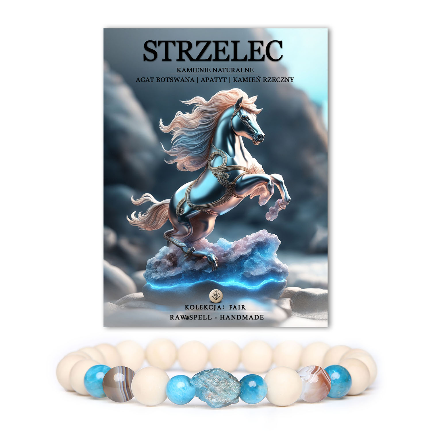 Strzała Strzelca w symbolice zodiaku uwieczniona na obrazie, otoczona kolorami Agatu Botswany i Apatytem, z akcentem na męską i damską biżuterię.